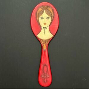 Rare Vintage 1960s Red Wooden Handmade Decorative Hand Mirror, Artist Signed